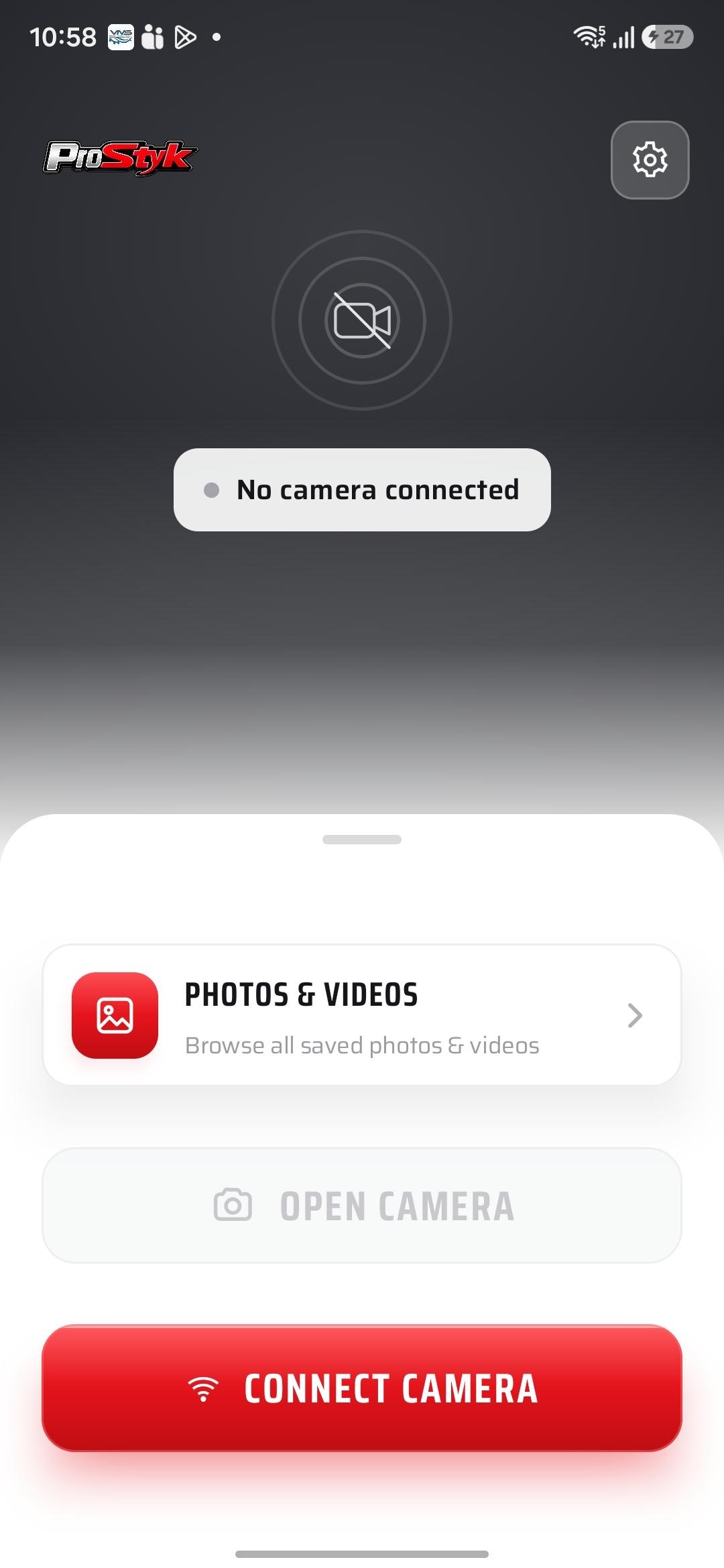 ProStyk home screen with Connect Camera and saved photos and videos