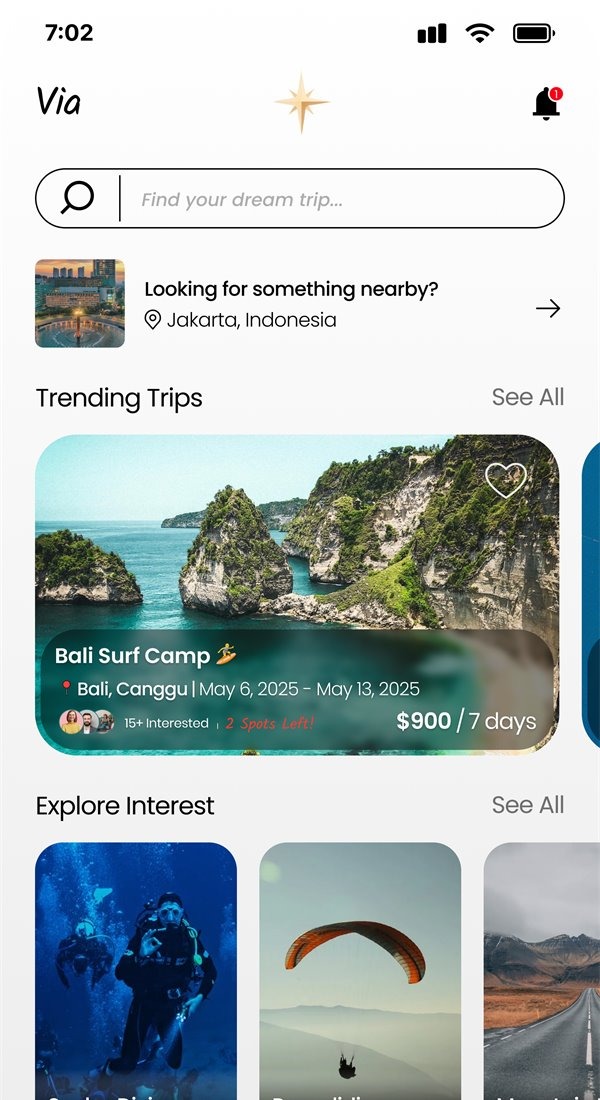 Via Group Travel trip discovery screen